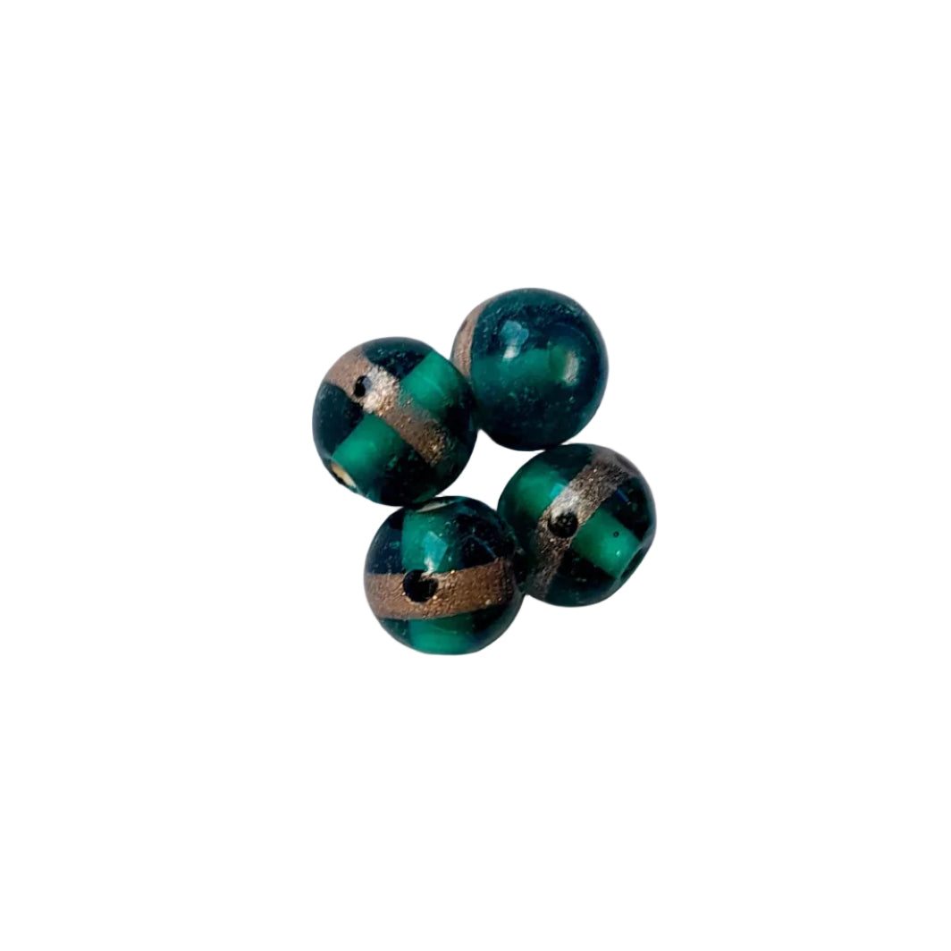 10mm round glass beads dark teal a and metallic bronze centre band,