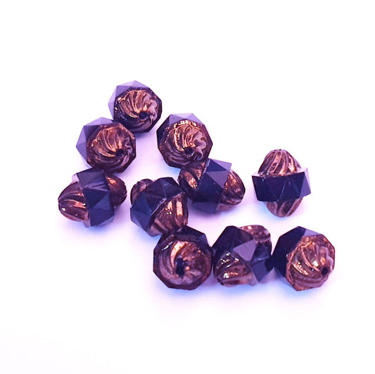 Cathedral Czech Glass Bead 12x10mm Lantern Black Opaque Bronze Crown