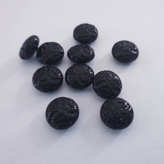 Button Bead Embossed 13mm Black Opaque Czech Bead