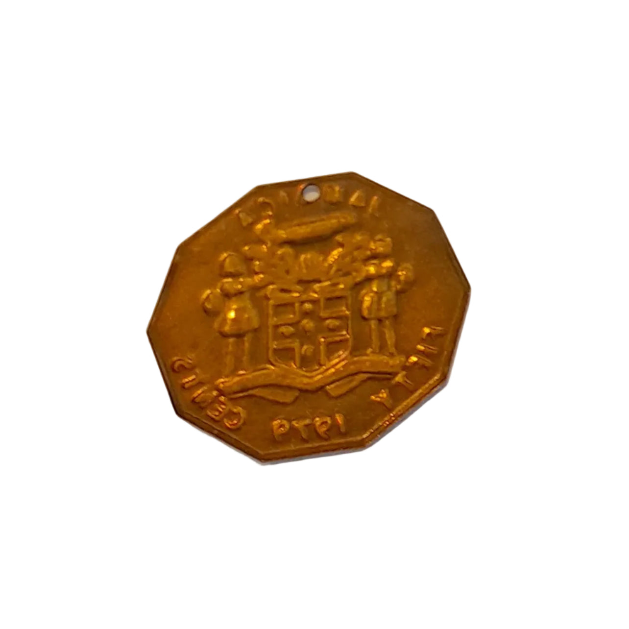 A small octagonal bronze-colored metal pendant or charm with an embossed crest and text, photographed on a plain off-white background.