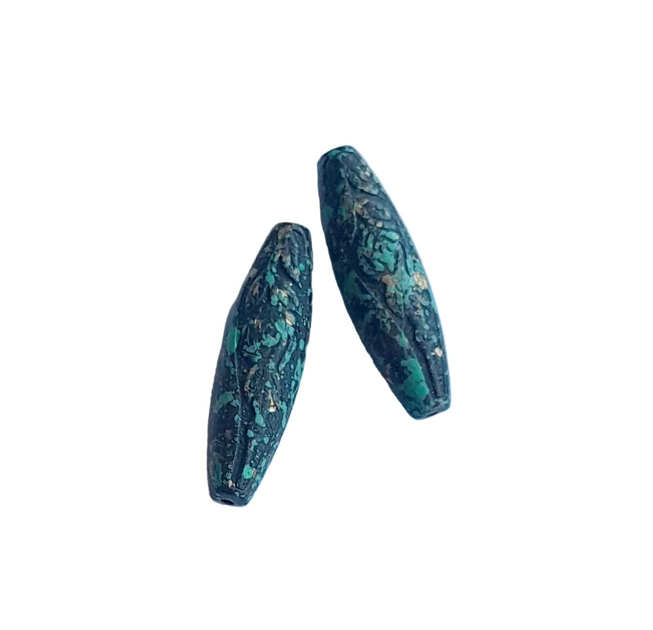 Two teardrop-shaped beads with a dark green and black marbled pattern and embedded gold flakes,