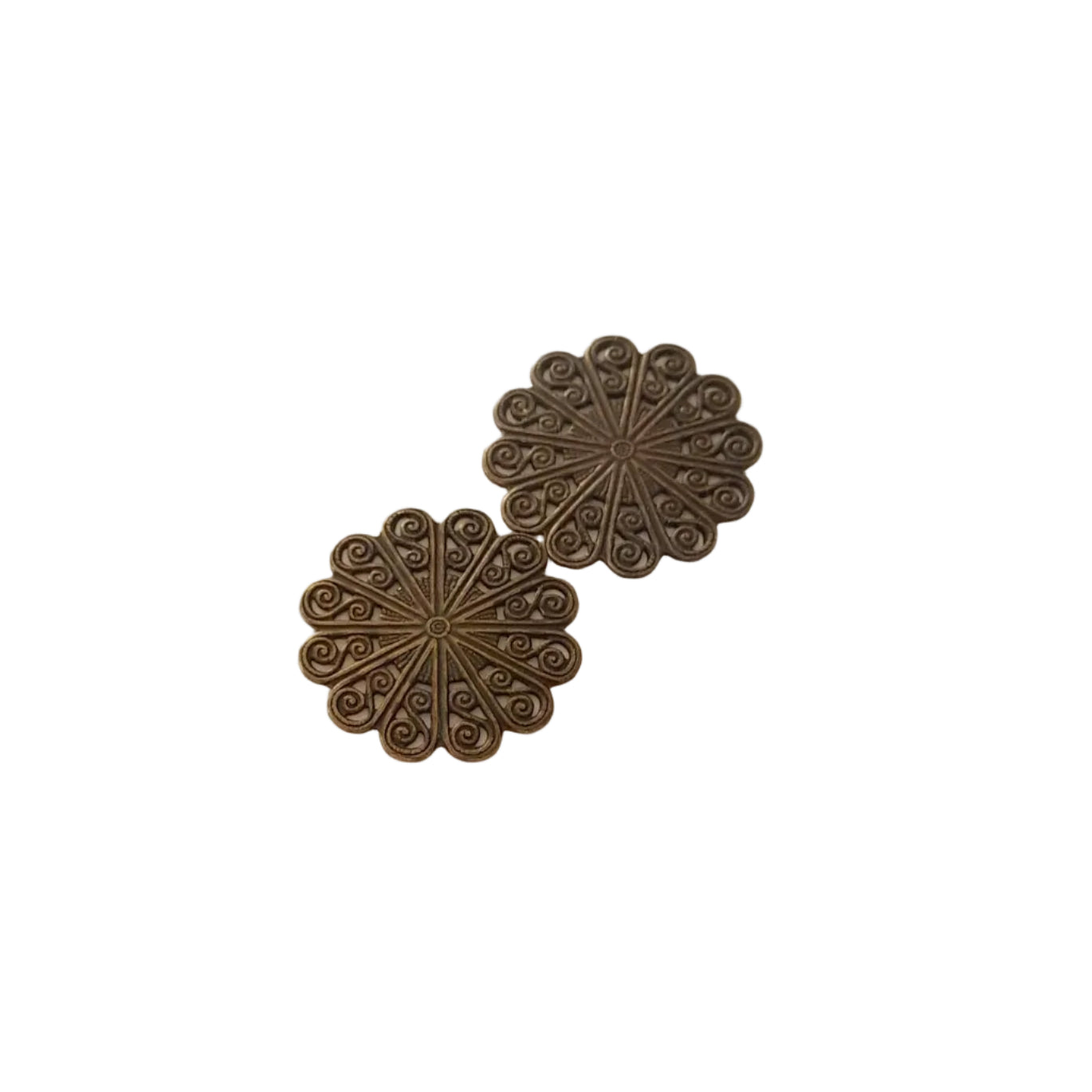 Two round bronze filigree jewelry findings with intricate scrollwork,