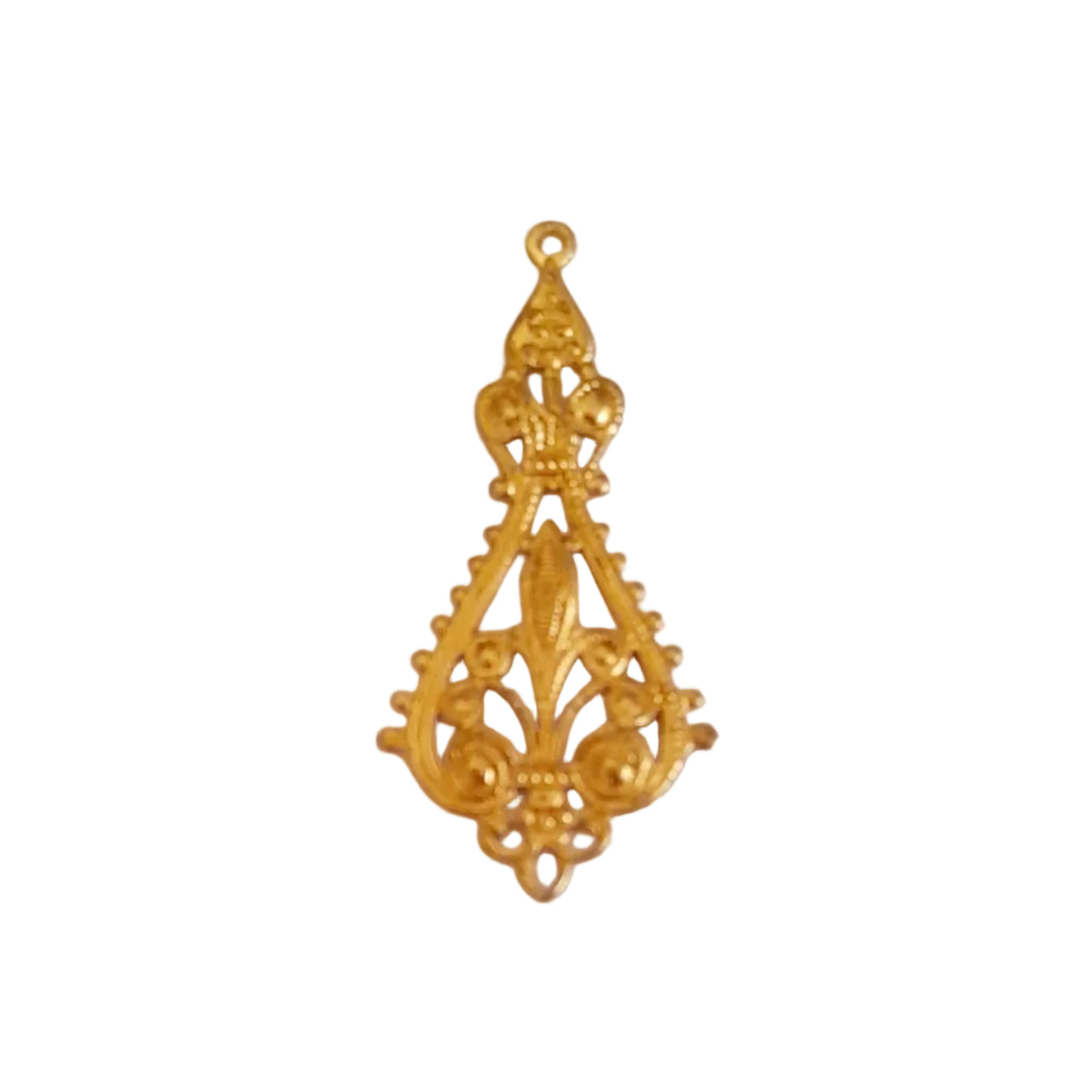 A single ornate gold-toned filigree jewelry charm or pendant with a decorative teardrop shape and small top loop,