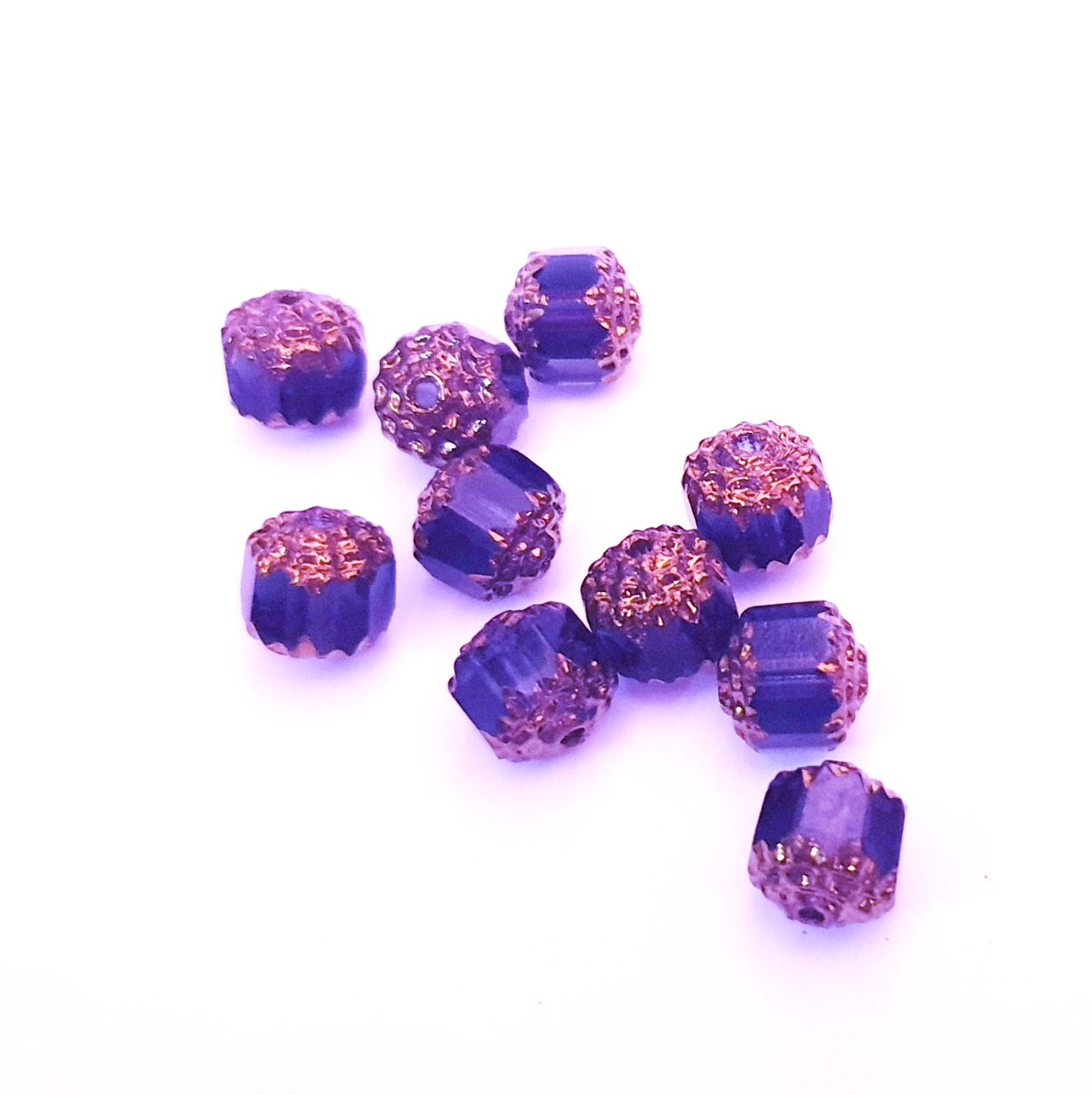 Cathedral Czech Glass Bead Barrel 8mm Transparent Montana Blue Bronze Crown - Pack of 10
