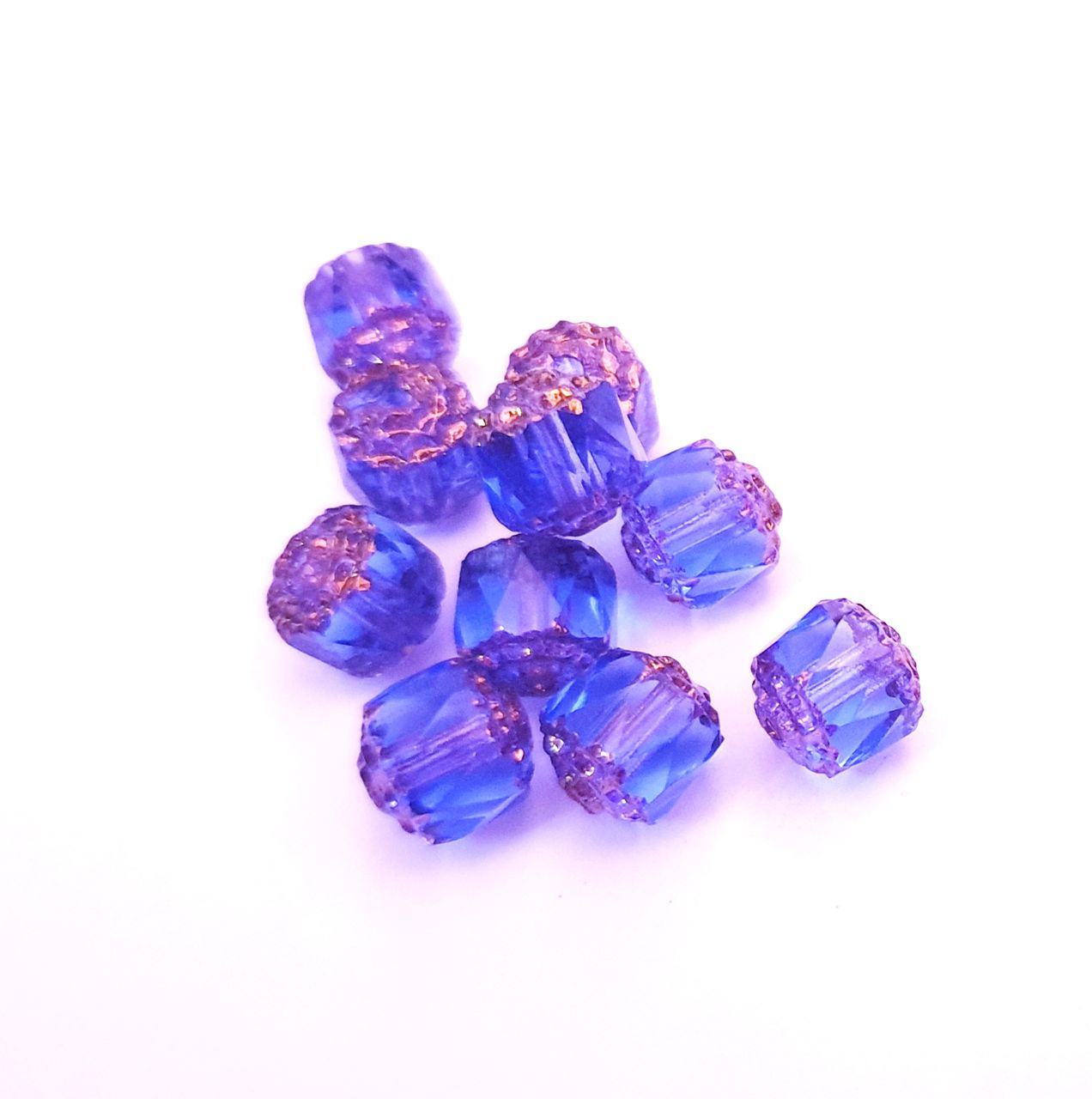 Cathedral Czech Glass Bead Barrel 8mm Transparent Sapphire Bronze Crown