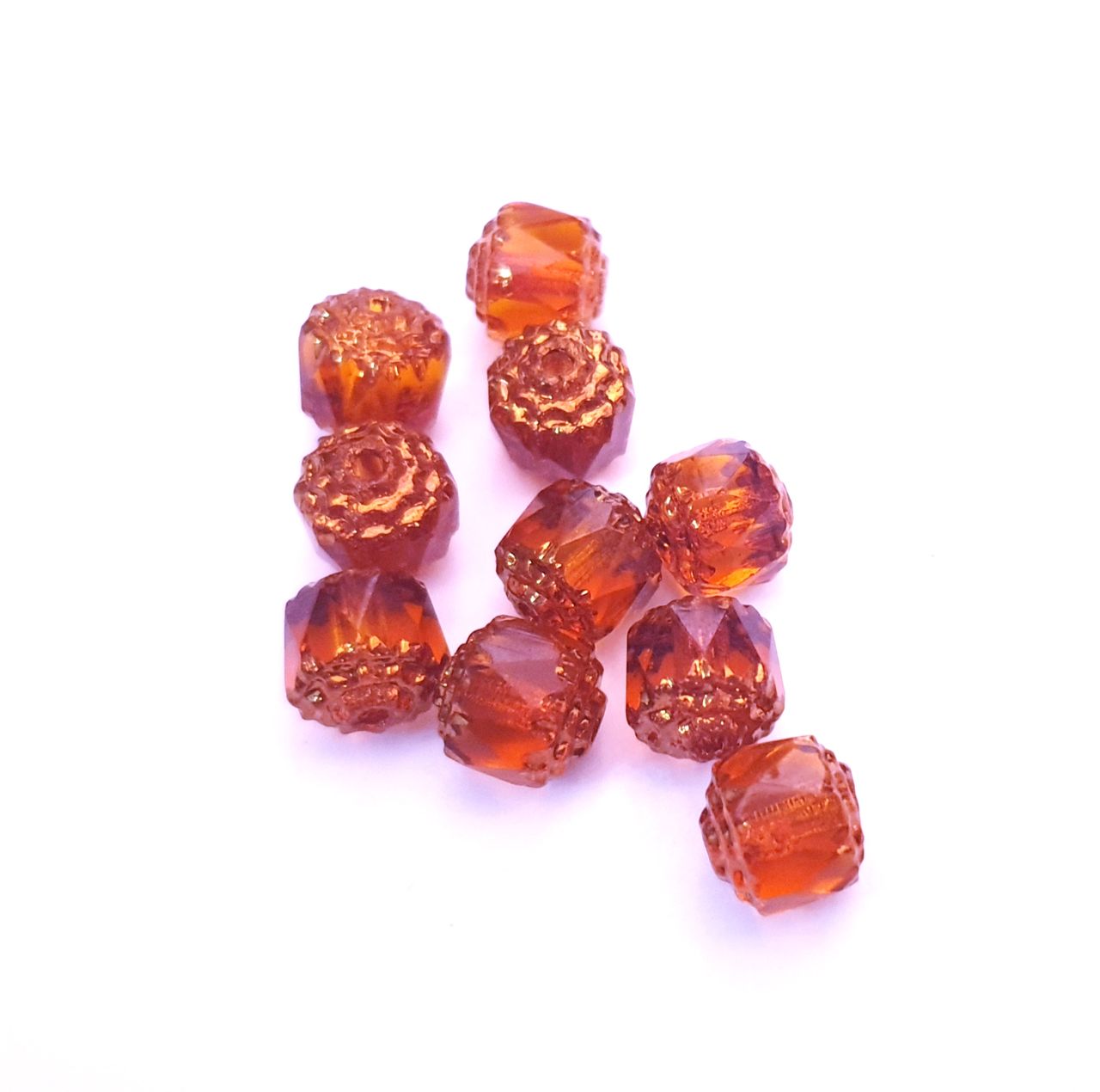 Cathedral Czech Glass Bead 8mm Transparent Topaz Bronze Crown Barrel - Pack of 10