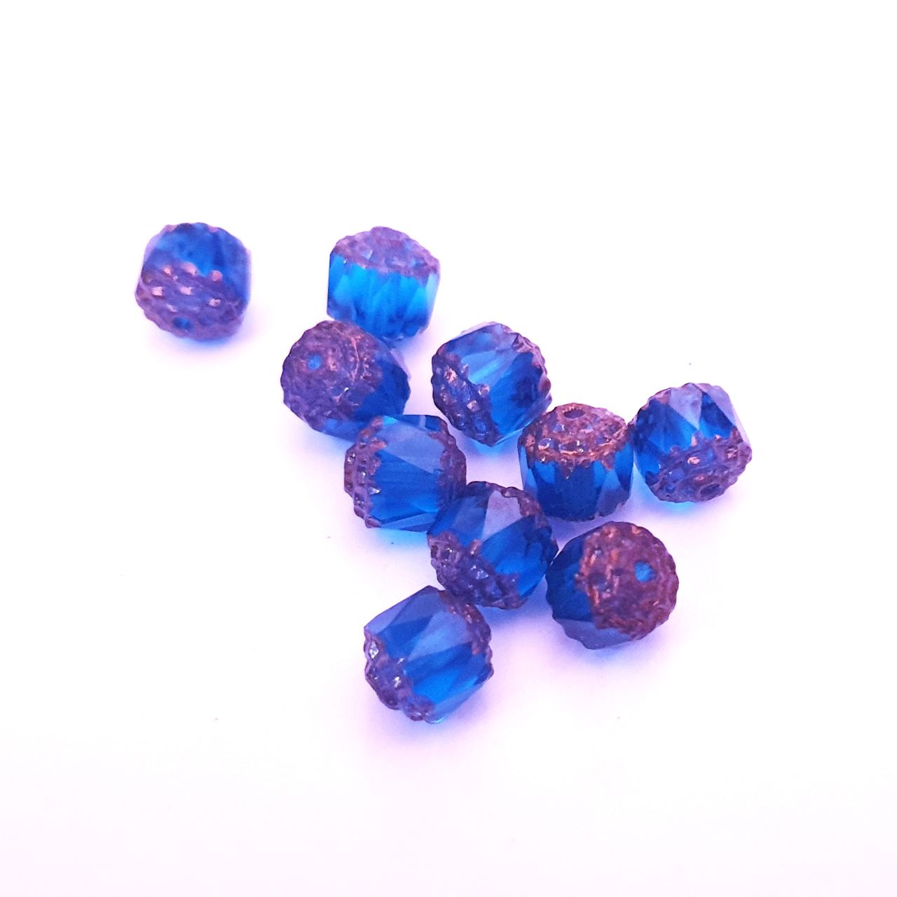 Cathedral Czech Glass Bead Barrel 8mm Transparent Turquoise Bronze Crown