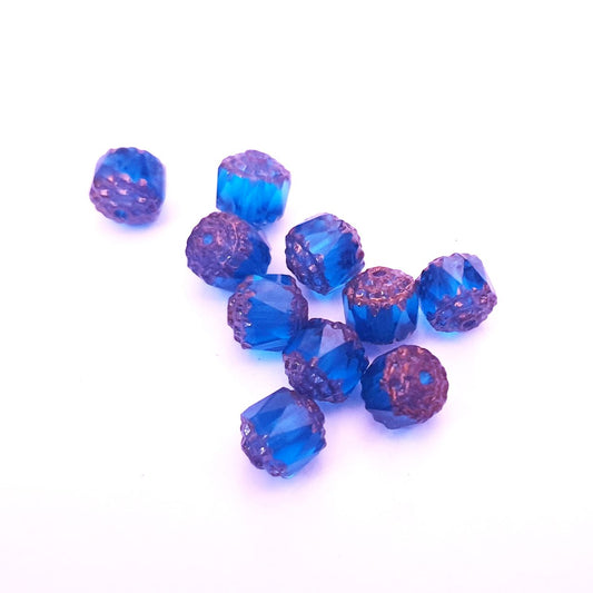 Cathedral Czech Glass Bead Barrel 8mm Transparent Turquoise Bronze Crown - Pack of 10