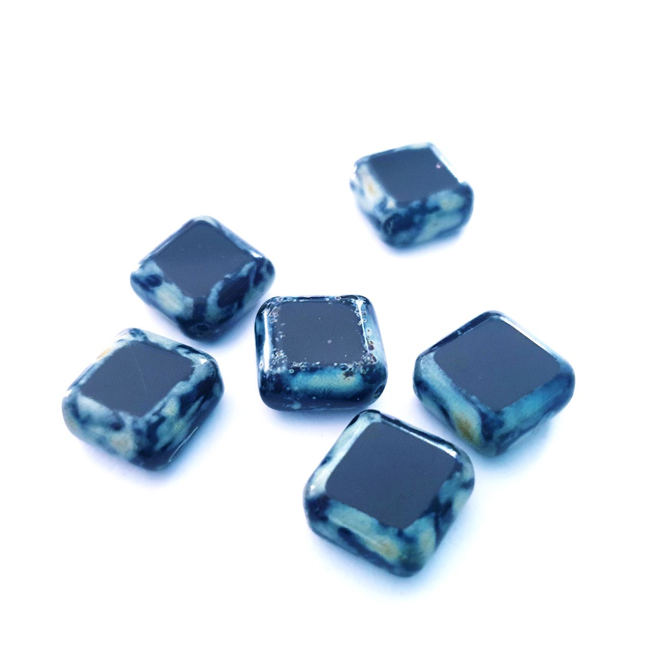 Cathedral Czech Glass Bead Flat Diamond 12mm Opaque Black Picasso