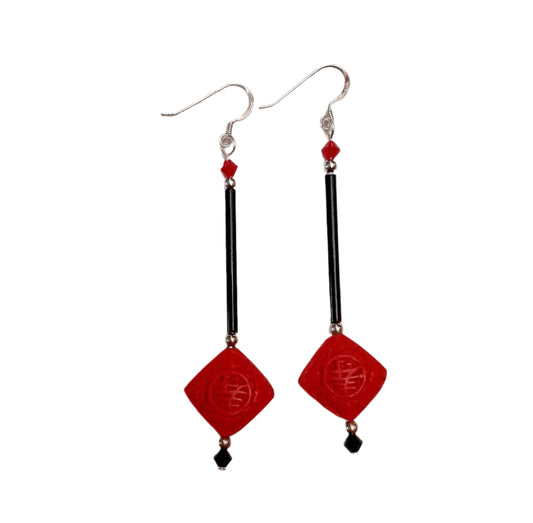 Chinoiserie Carved Faux Red Cinnabar Drop Diamond Earrings