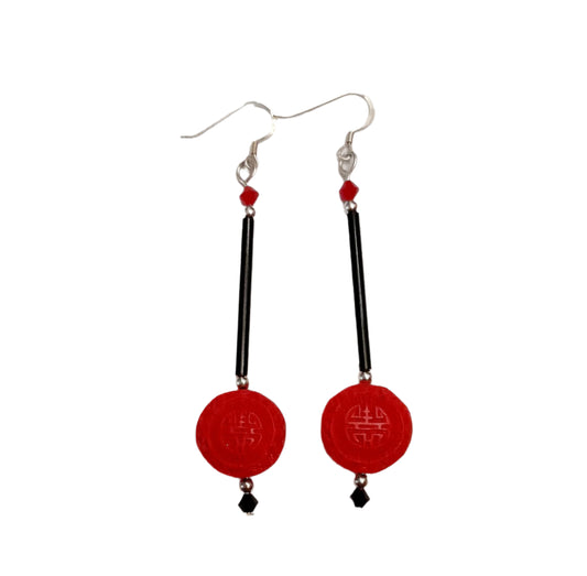 Chinoiserie Carved Faux Red Cinnabar Drop Round Earrings