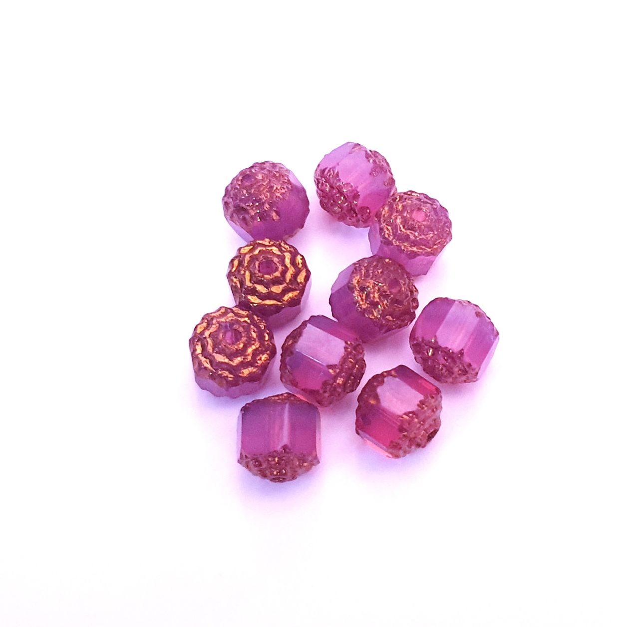 Cathedral Czech Glass Bead Barrel 8mm Opalino Pink Bronze Crown - Pack of 10