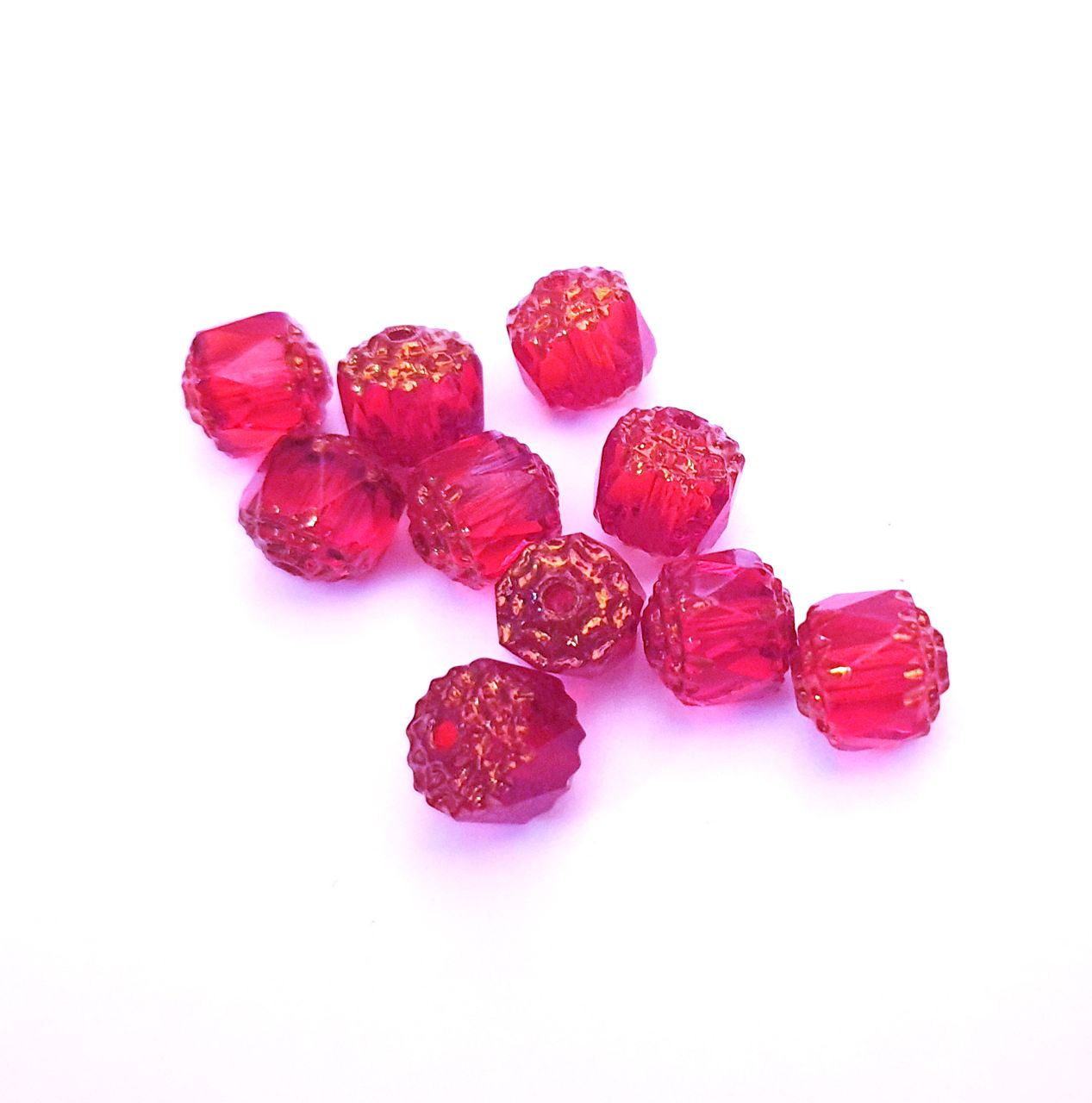 Cathedral Czech Glass Bead Barrel 8mm Transparent Red Bronze Crown
