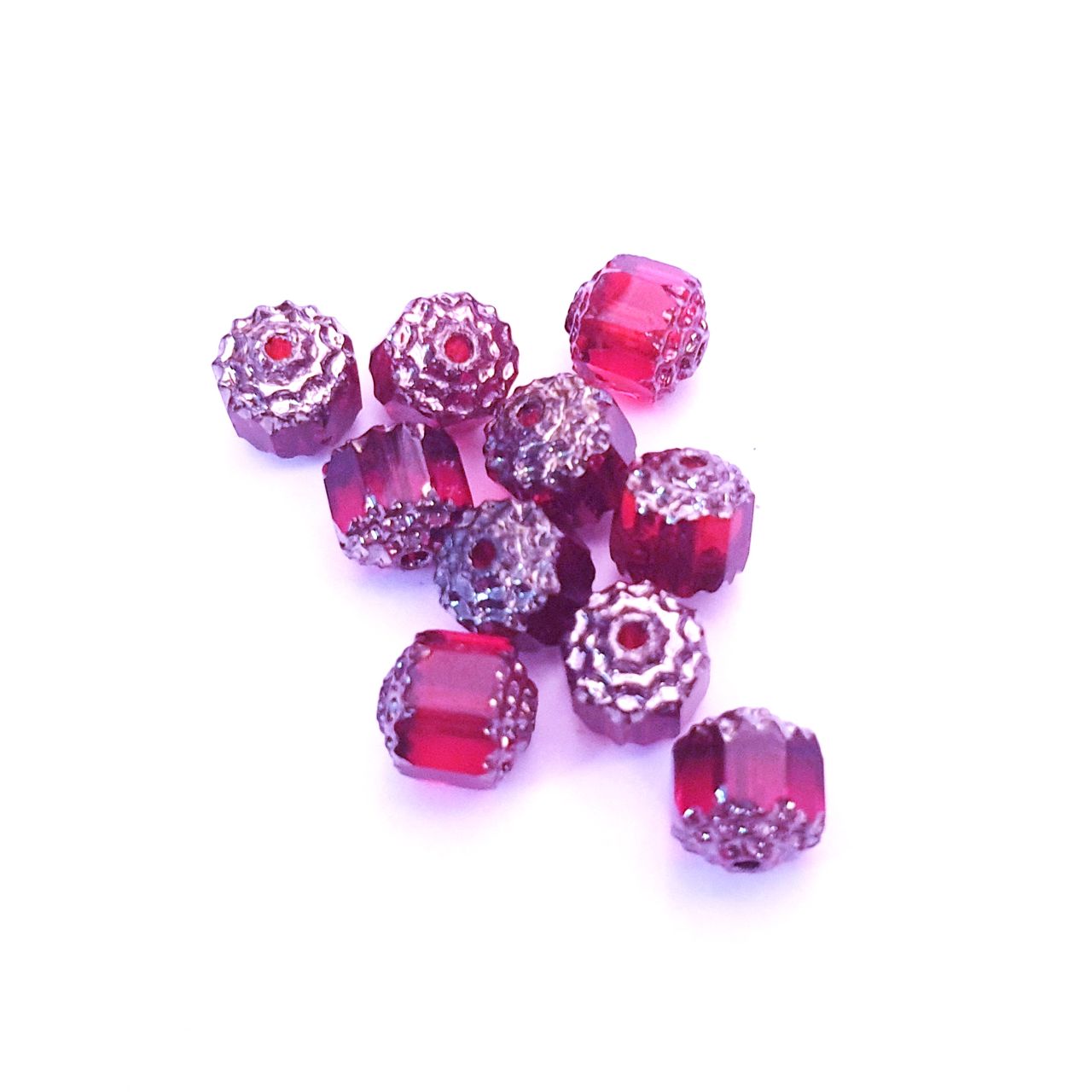 Cathedral Czech Glass Bead Barrel 8mm Transparent Red Silver Crown
