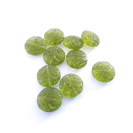 Button Bead Embossed 13mm Olive Green Transparent Czech Bead