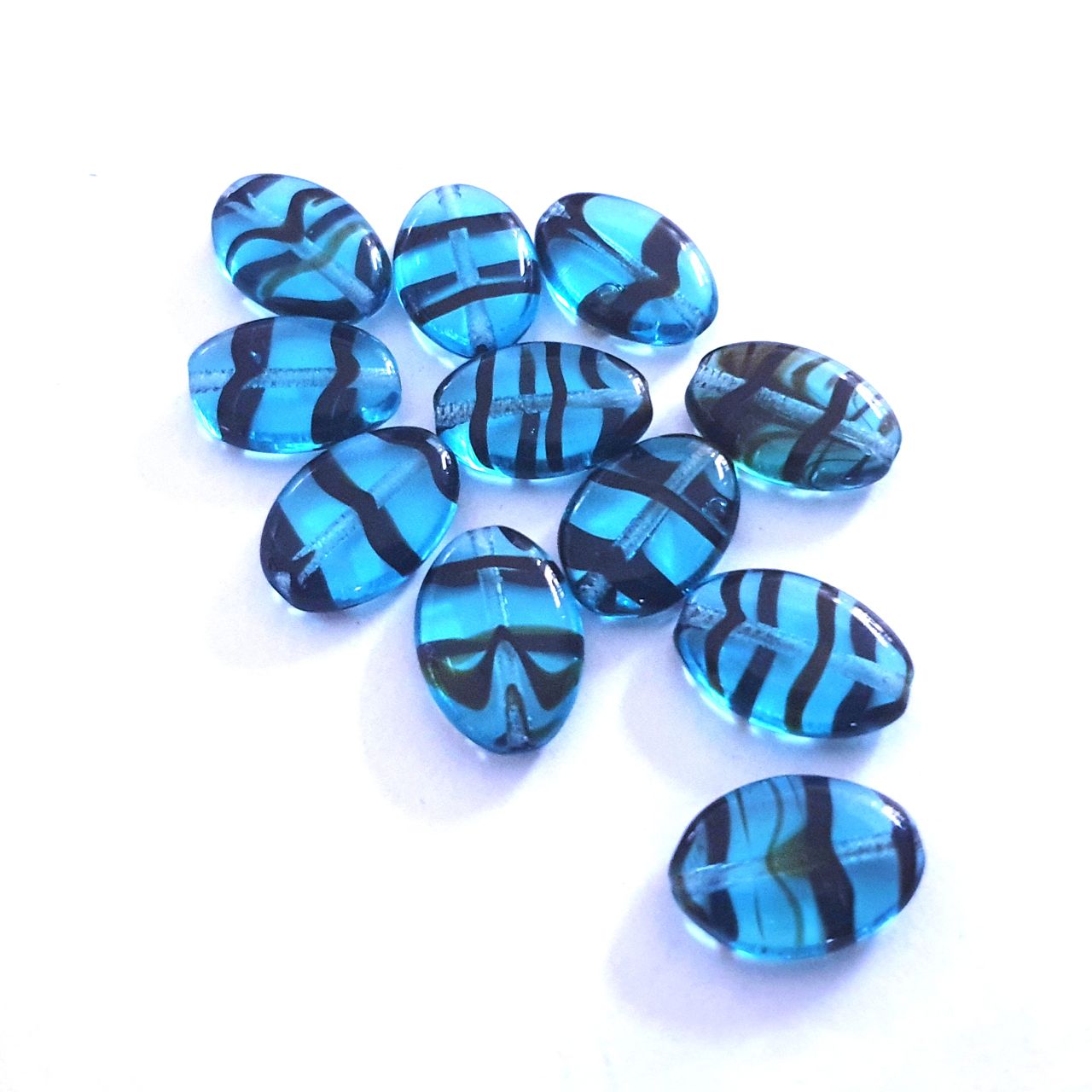 Flat Oval 16x11mm Aqua Animal Zebra Print Czech Glass Bead