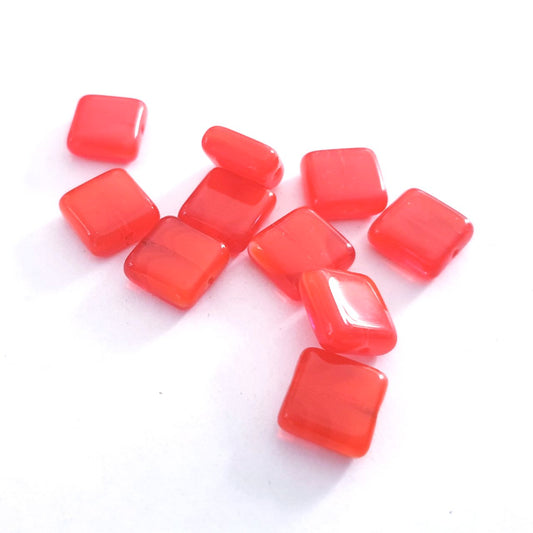 Square Tile 10x10mm Orange Opalino Czech Pressed Glass - Pack of 10