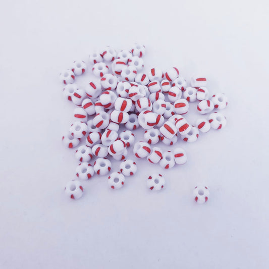 Seed Beads Striped 4-5mm Red on White