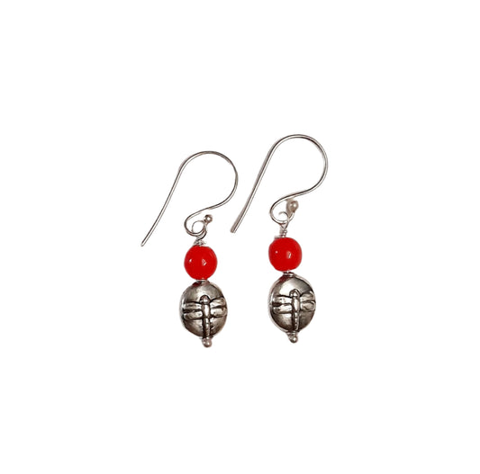 Chinoiserie Dragonfly Small Red Drop Earrings