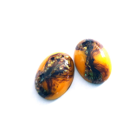 Lampwork Glass Stone Domed Oval 18x13mm Mustard Opaque Foil Mix