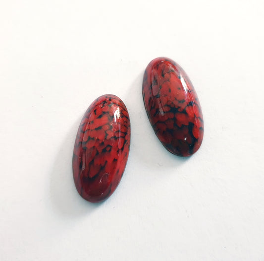 Lampwork Glass Stone Domed Oval 24x12mm Red Black Opaque