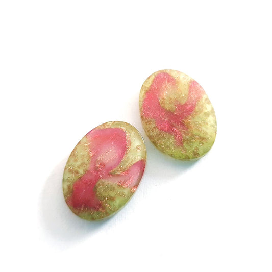 Lampwork Glass Stone Flat Oval 18x13mm Ivory and Hot Pink with Aventurina