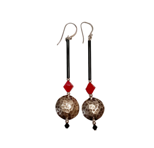 Chinoiserie Hammered Sterling Silver Disc Drop Crystal Earrings