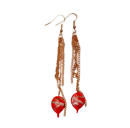 Boheme Chinoiserie Handmade Glass Leaf Red and Layered Gold Chain Earrings