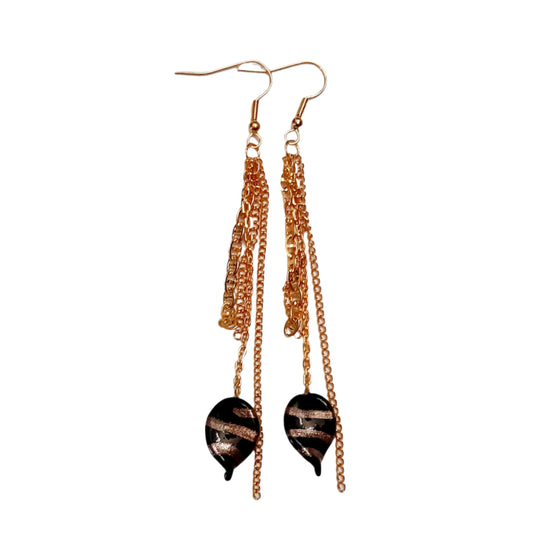 Boheme Chinoiserie Handmade Glass Leaf Black and Layered Gold Chain Earrings