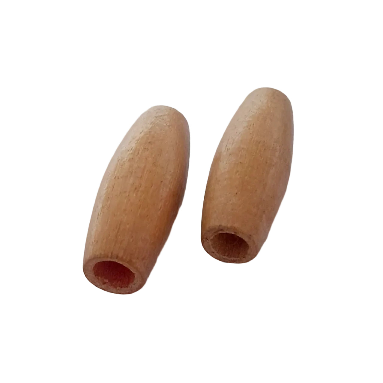 Two light natural wood cylindrical beads with hollow centers,