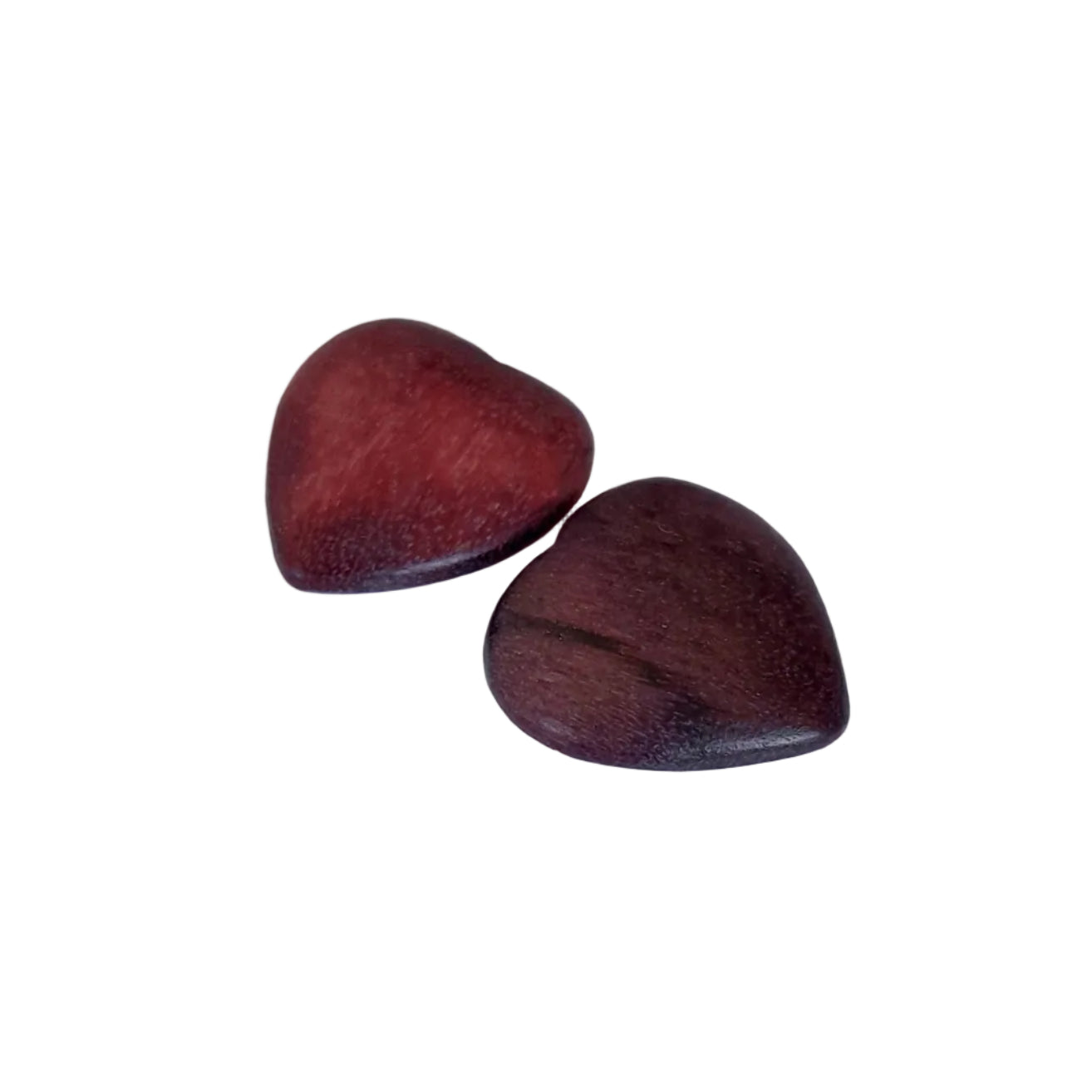 Two smooth, heart-shaped wooden beads with natural wood grain,