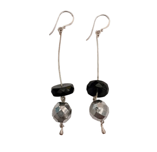 Contemporary Silver Crystal and Jet Drop Earrings OOAK