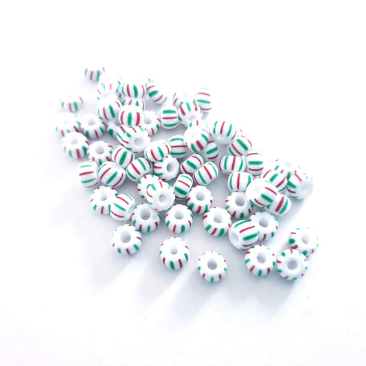 Seed Beads Stripe 6-7mm Green Cherry Red on White