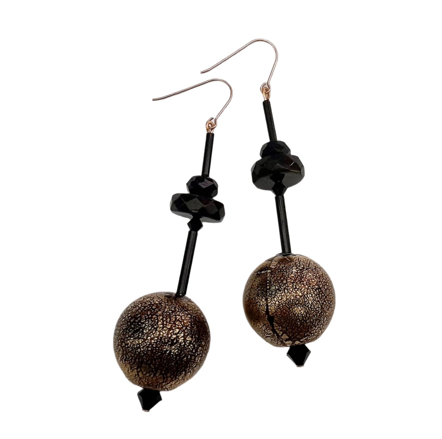 Handmade Venetian Blown Hollow Glass Black Large Drop Yellow Gold 9kt Earring
