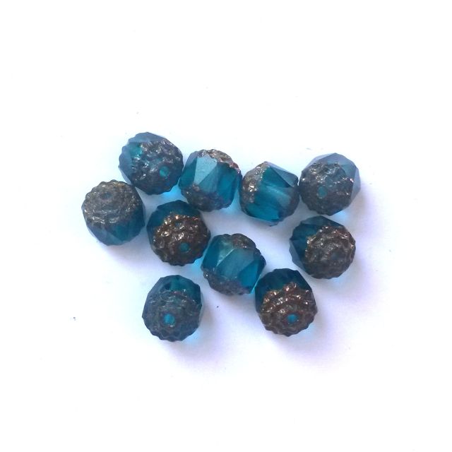 Cathedral Czech Glass Bead Barrel 8mm Transparent Teal Bronze Crown - Pack of 10