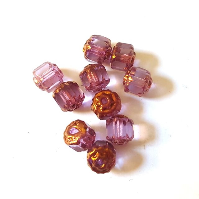 Cathedral Czech Glass Bead Barrel 6mm Lilac Transparent Bronze Crown - Pack of 10