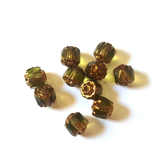Cathedral Czech Glass Bead Barrel 6mm Olive Transparent Bronze Crown