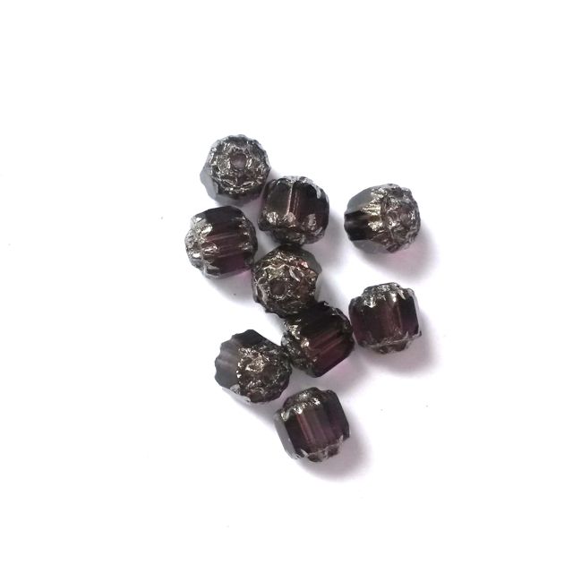 Cathedral Czech Glass Bead Barrel 6mm Amethyst Transparent Silver Crown - Pack of 10