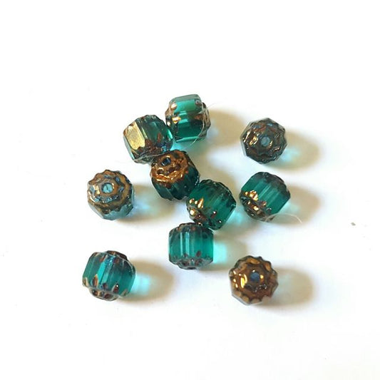 Cathedral Czech Glass Bead Barrel 6mm Teal Transparent Bronze Crown