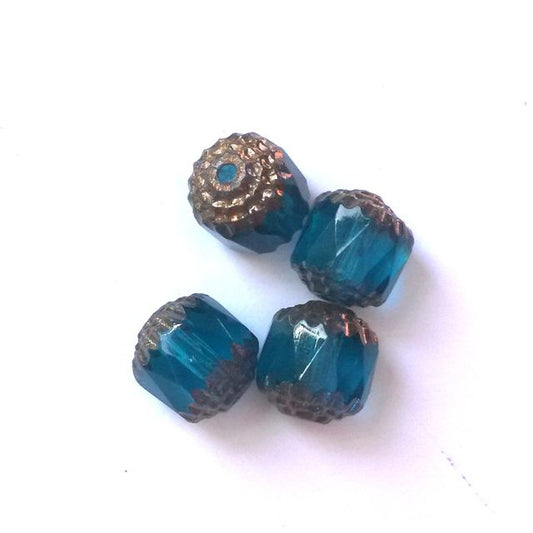 Cathedral Czech Glass Bead Barrel 10mm Teal Transparent Bronze Crown