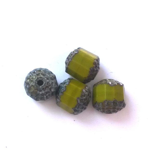 Cathedral Czech Glass Bead Barrel 10mm Chartruese Opaque Metallic Crown