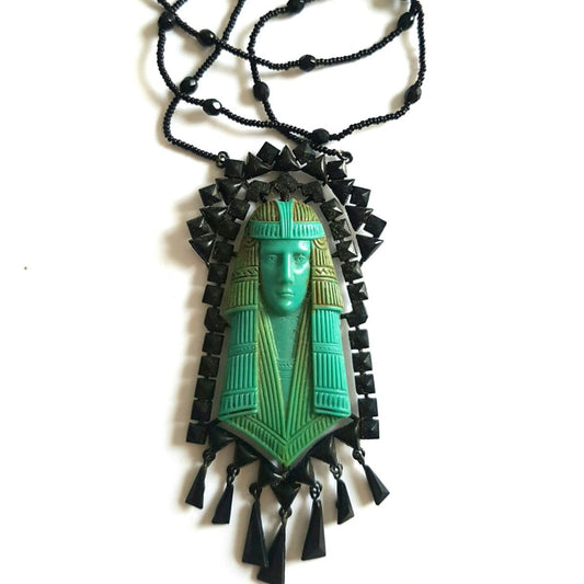 French Jet Egyptian Revivalist Pendant Necklace