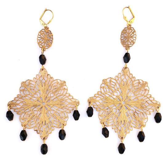 Boheme Brass Earrings Diamond Filigree Fringe Jet