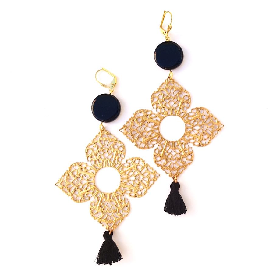 Boheme Brass Earrings Medina Filigree Tassel Black