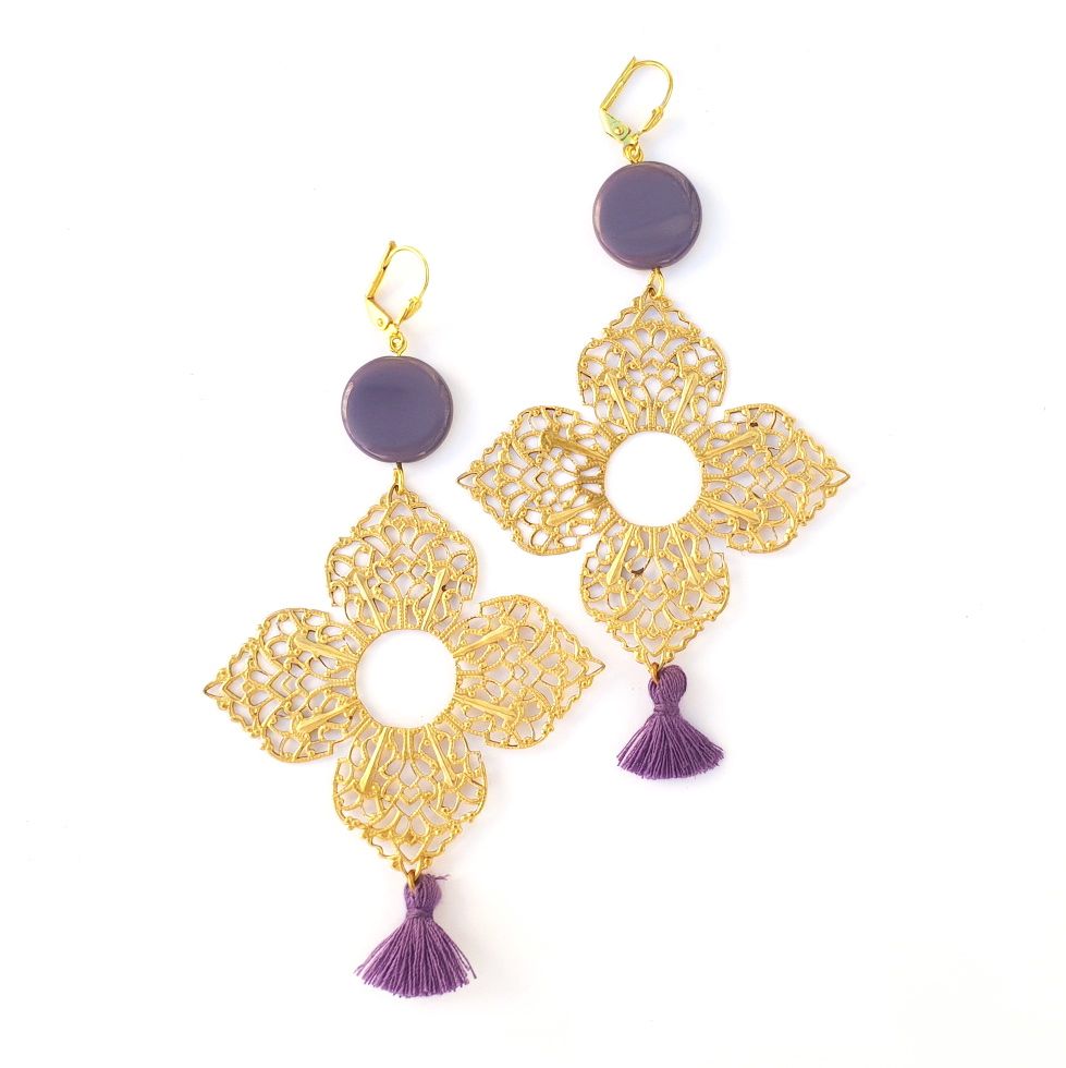 Santorini Brass Earrings Medina Filigree Tassel Violet