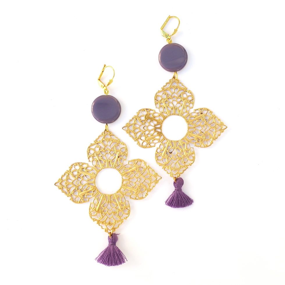 Santorini  Brass Earrings Medina Filigree Tassel Violet