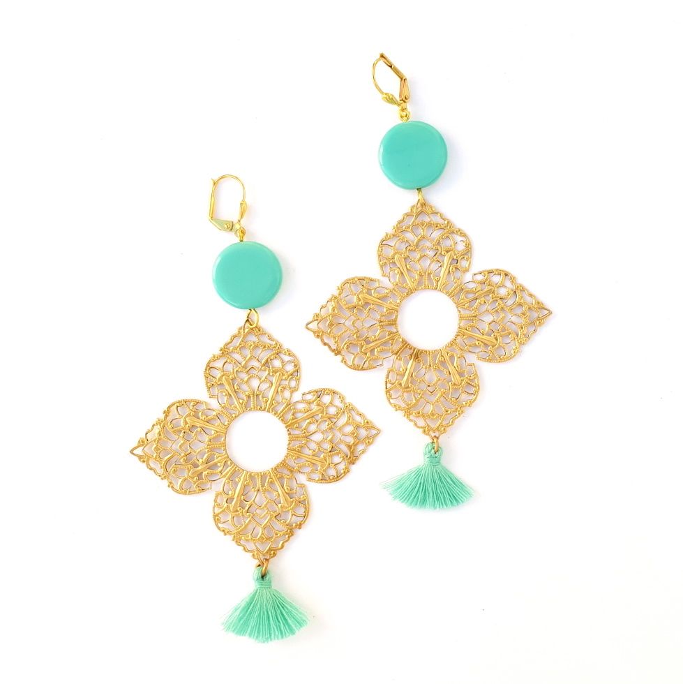 Santorini Brass Earrings Medina Filigree Tassel Aqua