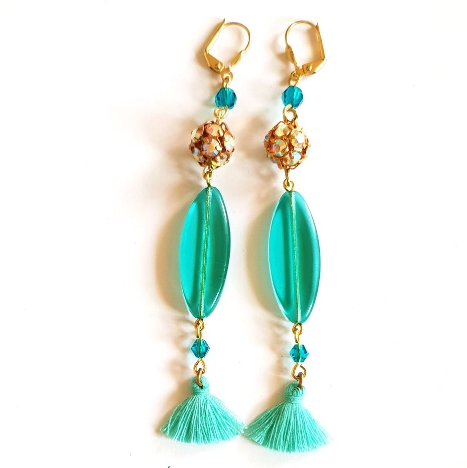 Femme Earrings Diamante Petal Tassel Teal