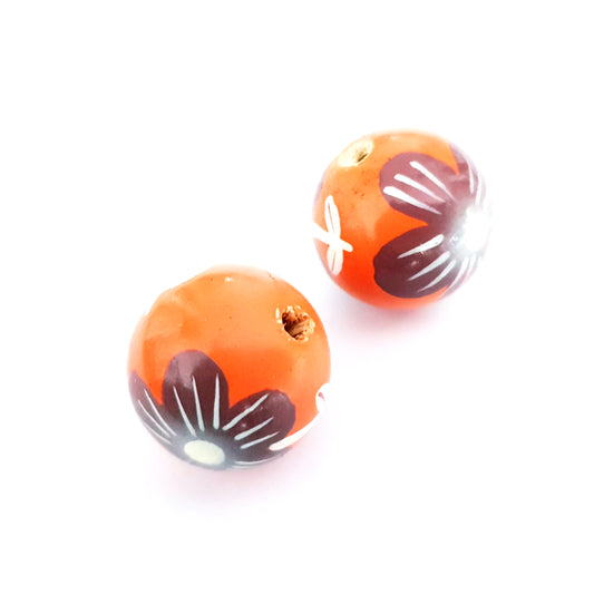 Wooden Painted Bead Floral Design 20mm Pink Orange Brown