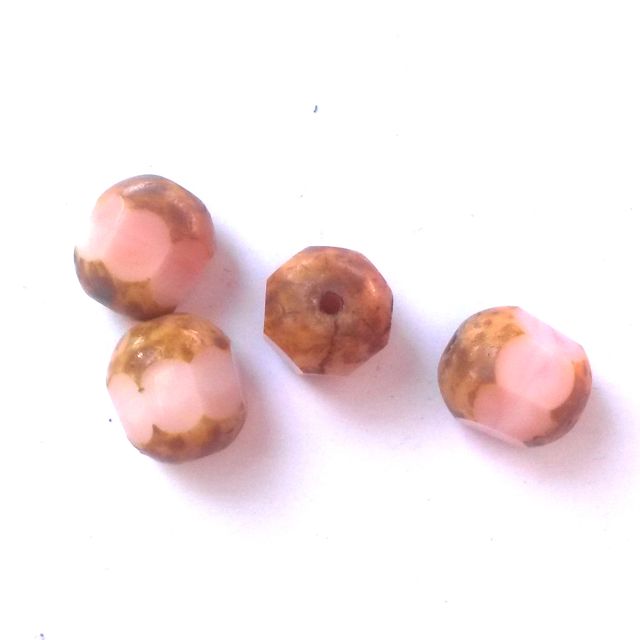 Cathedral Czech Glass Bead Barrel 10mm Pink Opaque Picasso Crown